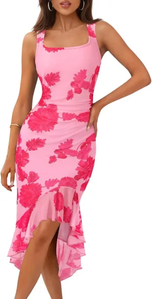 MEROKEETY Women's Summer Floral Bodycon Dress Square Neck Sleeveless Ruffle Hem Cocktail Mesh Midi Dress
