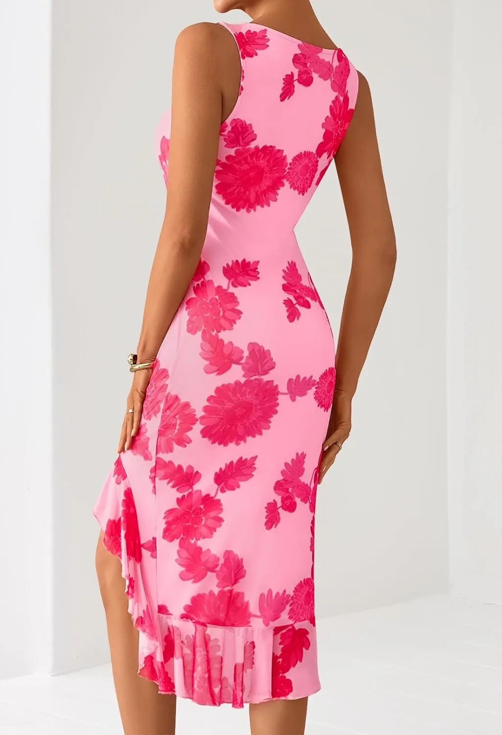 MEROKEETY Women's Summer Floral Bodycon Dress Square Neck Sleeveless Ruffle Hem Cocktail Mesh Midi Dress