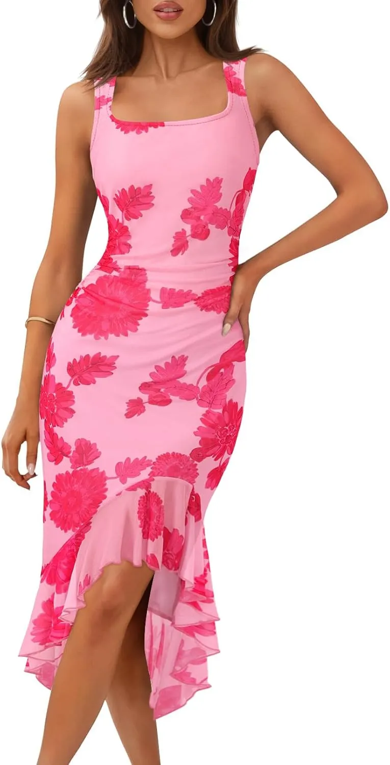 MEROKEETY Women's Summer Floral Bodycon Dress Square Neck Sleeveless Ruffle Hem Cocktail Mesh Midi Dress