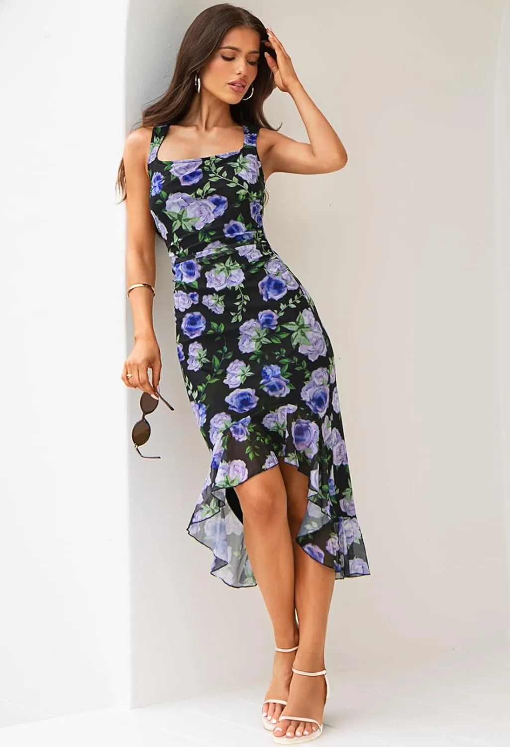 MEROKEETY Women's Summer Floral Bodycon Dress Square Neck Sleeveless Ruffle Hem Cocktail Mesh Midi Dress