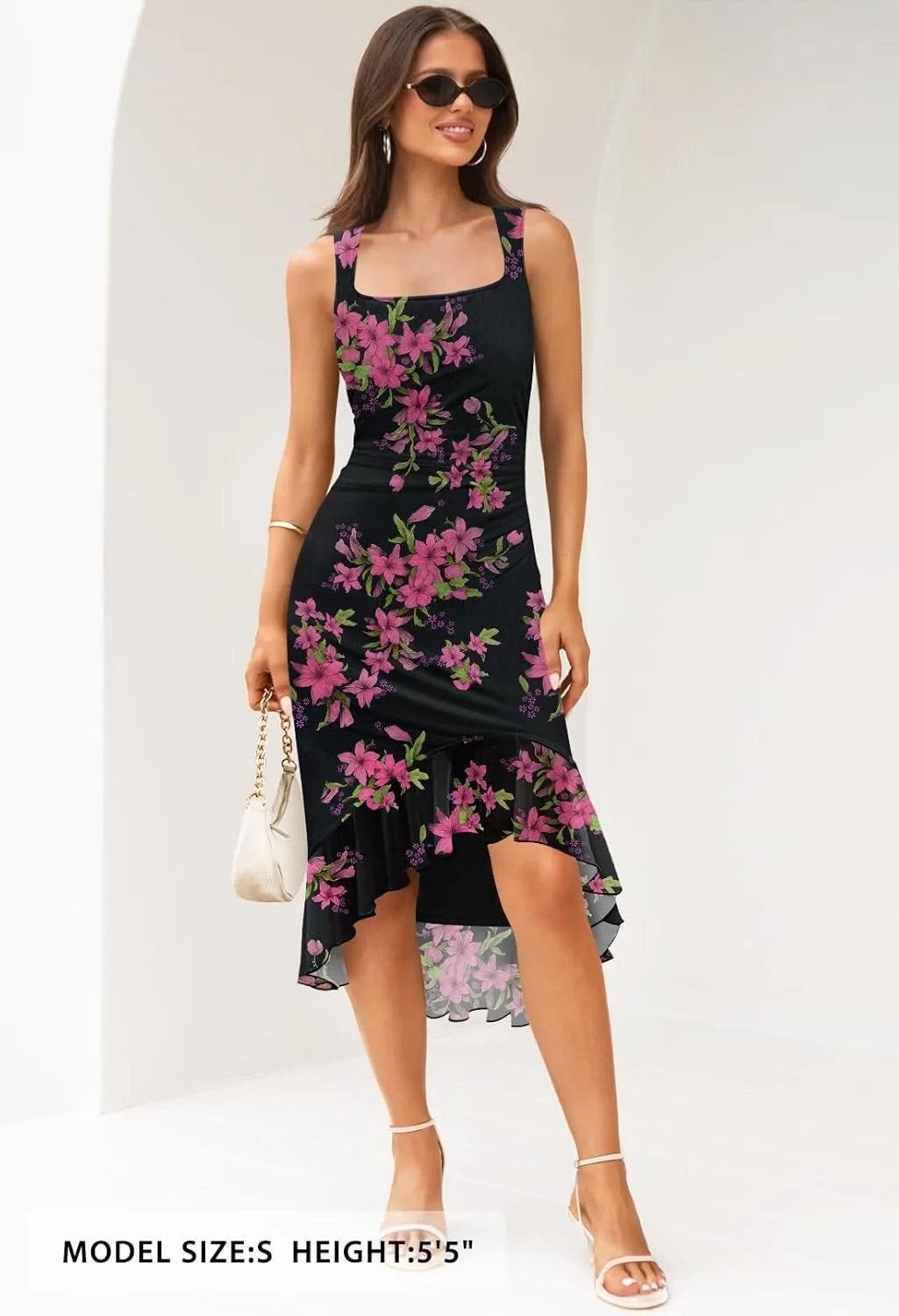MEROKEETY Women's Summer Floral Bodycon Dress Square Neck Sleeveless Ruffle Hem Cocktail Mesh Midi Dress