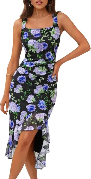 MEROKEETY Women's Summer Floral Bodycon Dress Square Neck Sleeveless Ruffle Hem Cocktail Mesh Midi Dress