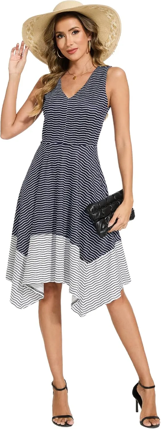 Moss Rose Women's Summer Casual Dress Fashion V Neck Sleeveless Midi Dresses with Asymmetrical Hem