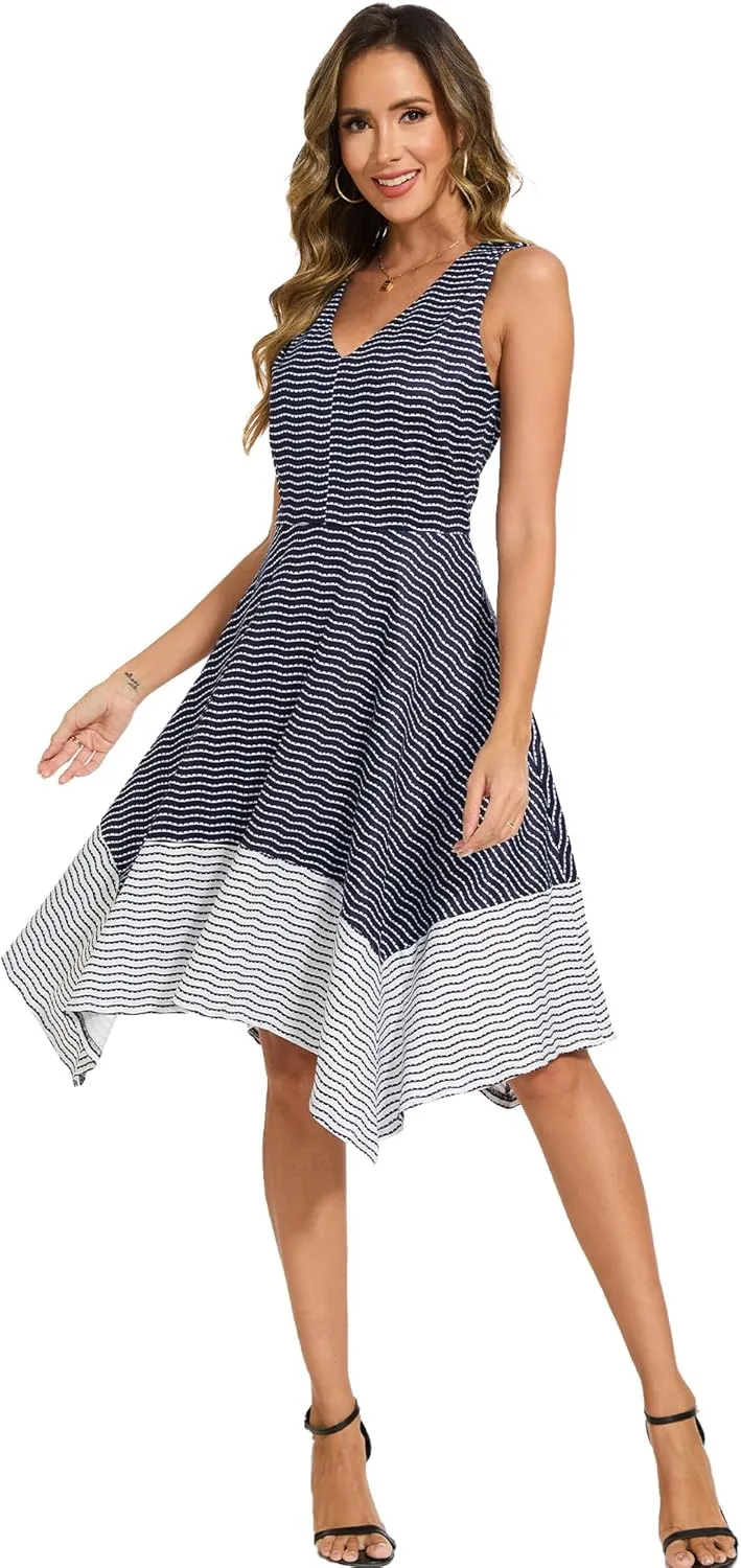Moss Rose Women's Summer Casual Dress Fashion V Neck Sleeveless Midi Dresses with Asymmetrical Hem