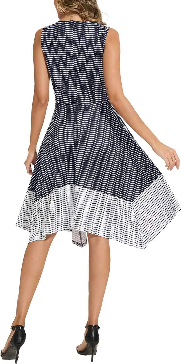 Moss Rose Women's Summer Casual Dress Fashion V Neck Sleeveless Midi Dresses with Asymmetrical Hem