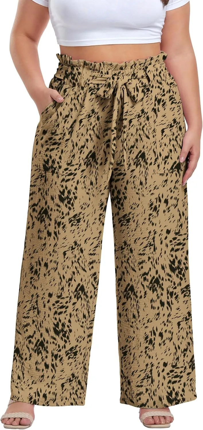 OLRIK Women's Plus Size Pants Summer High Waisted Wide Leg Casual Trousers with Pockets Self-Tie Belt (1X-5X)