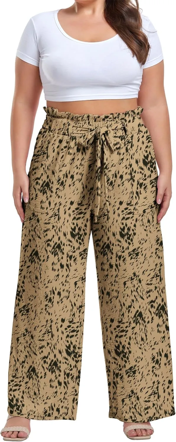 OLRIK Women's Plus Size Pants Summer High Waisted Wide Leg Casual Trousers with Pockets Self-Tie Belt (1X-5X)