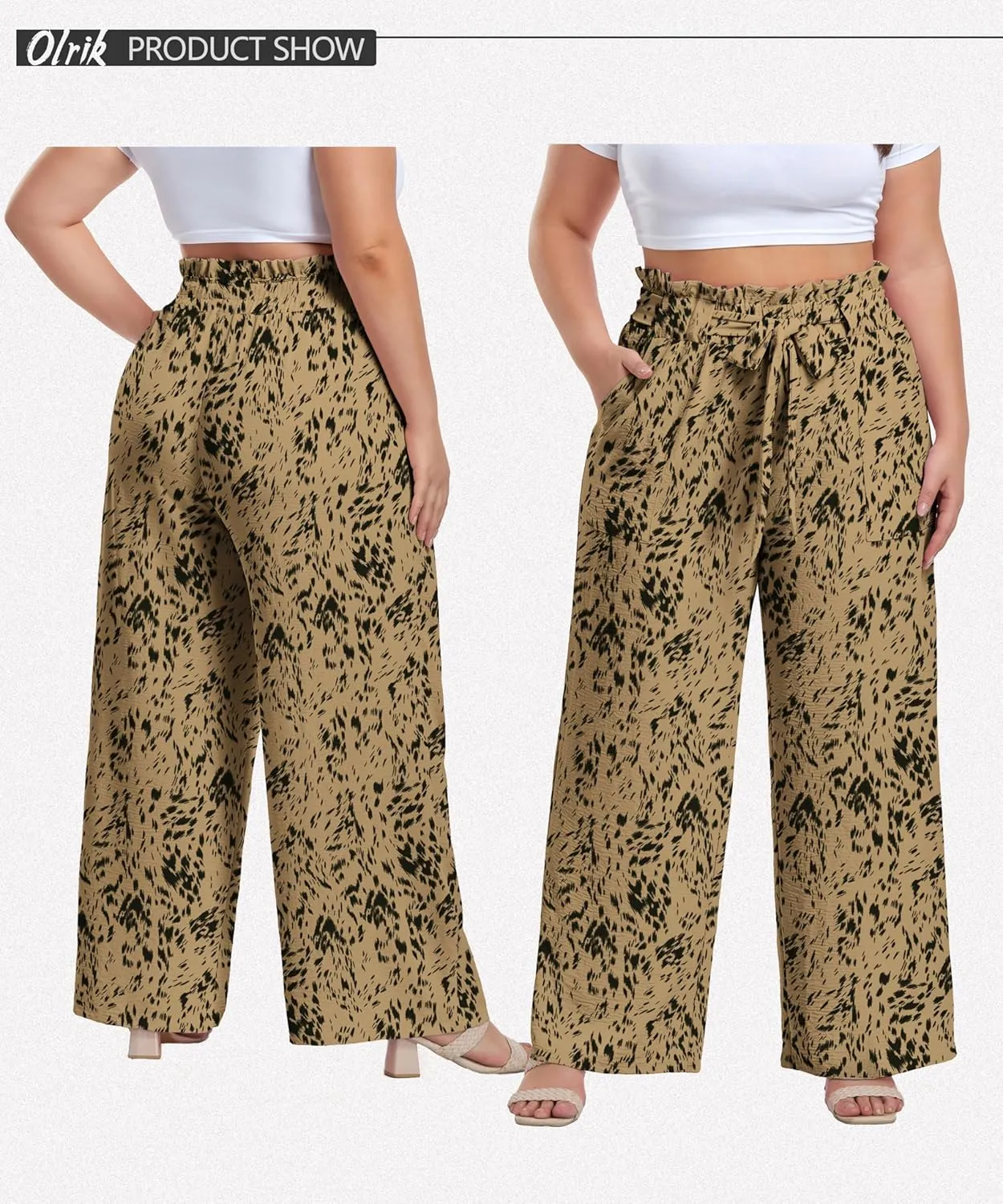 OLRIK Women's Plus Size Pants Summer High Waisted Wide Leg Casual Trousers with Pockets Self-Tie Belt (1X-5X)