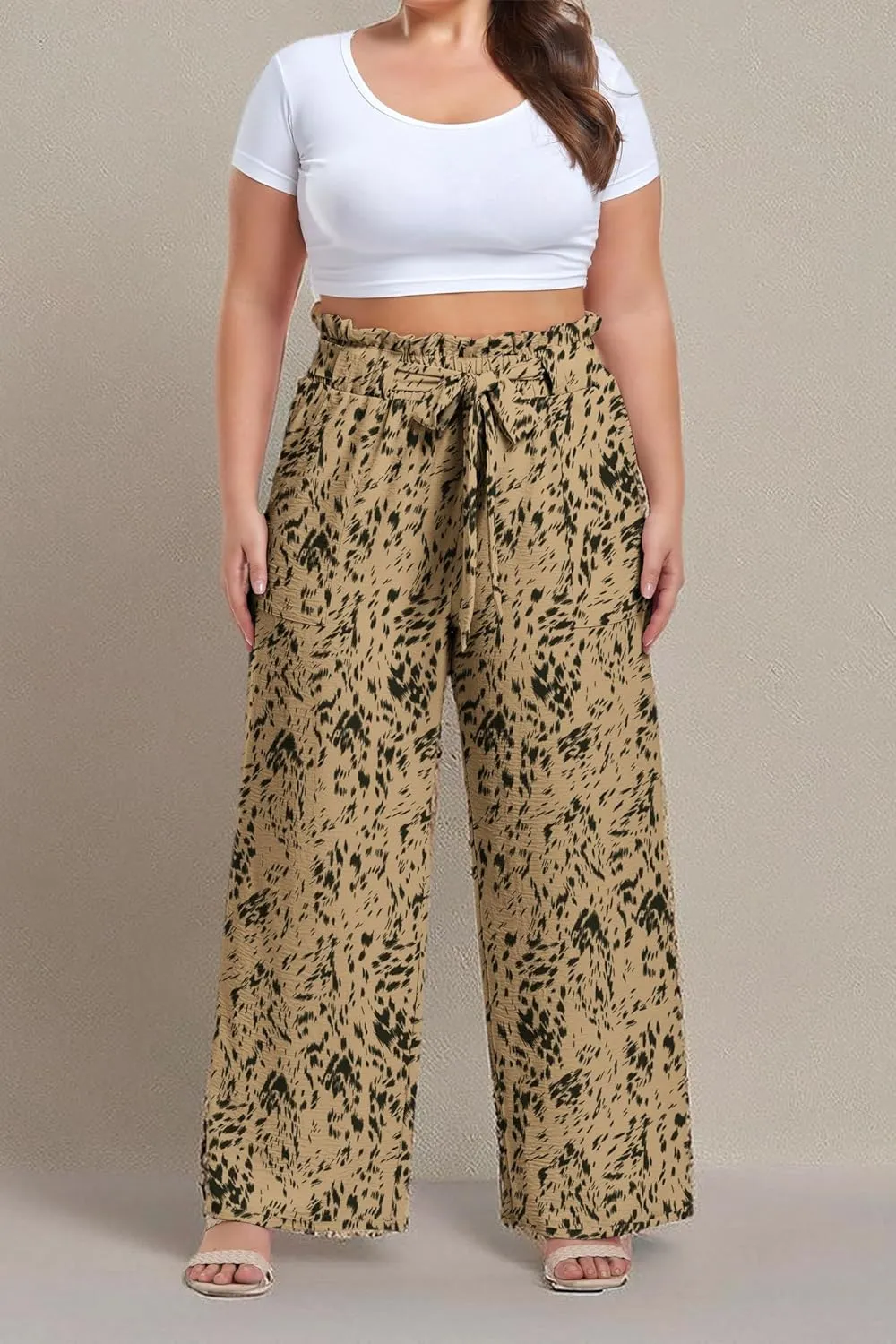 OLRIK Women's Plus Size Pants Summer High Waisted Wide Leg Casual Trousers with Pockets Self-Tie Belt (1X-5X)
