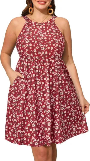 Plus Size Summer Dress - Casual Sun Halter Neck Sleeveless Short Sundress with Pockets