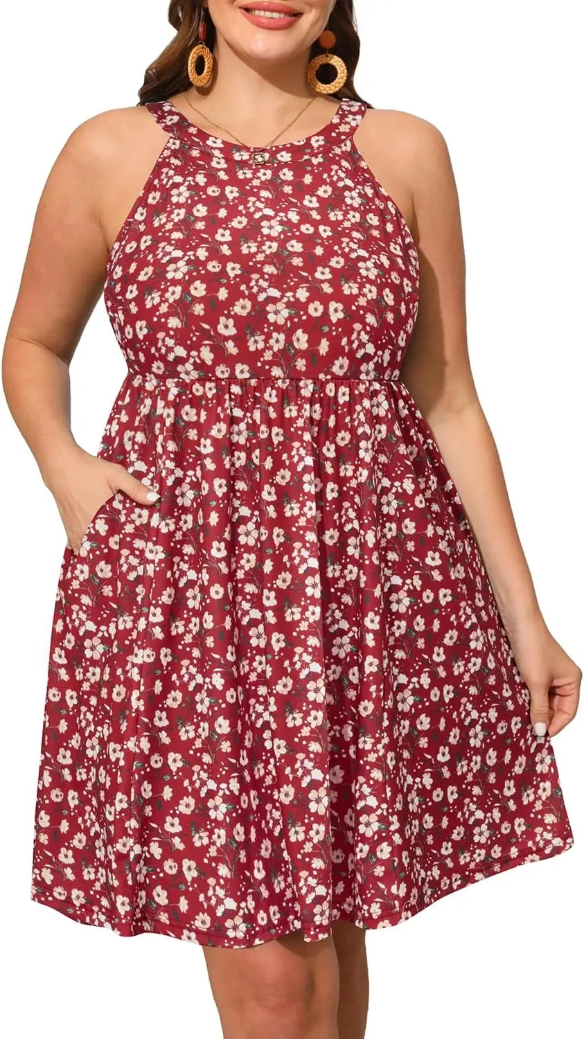 Plus Size Summer Dress - Casual Sun Halter Neck Sleeveless Short Sundress with Pockets