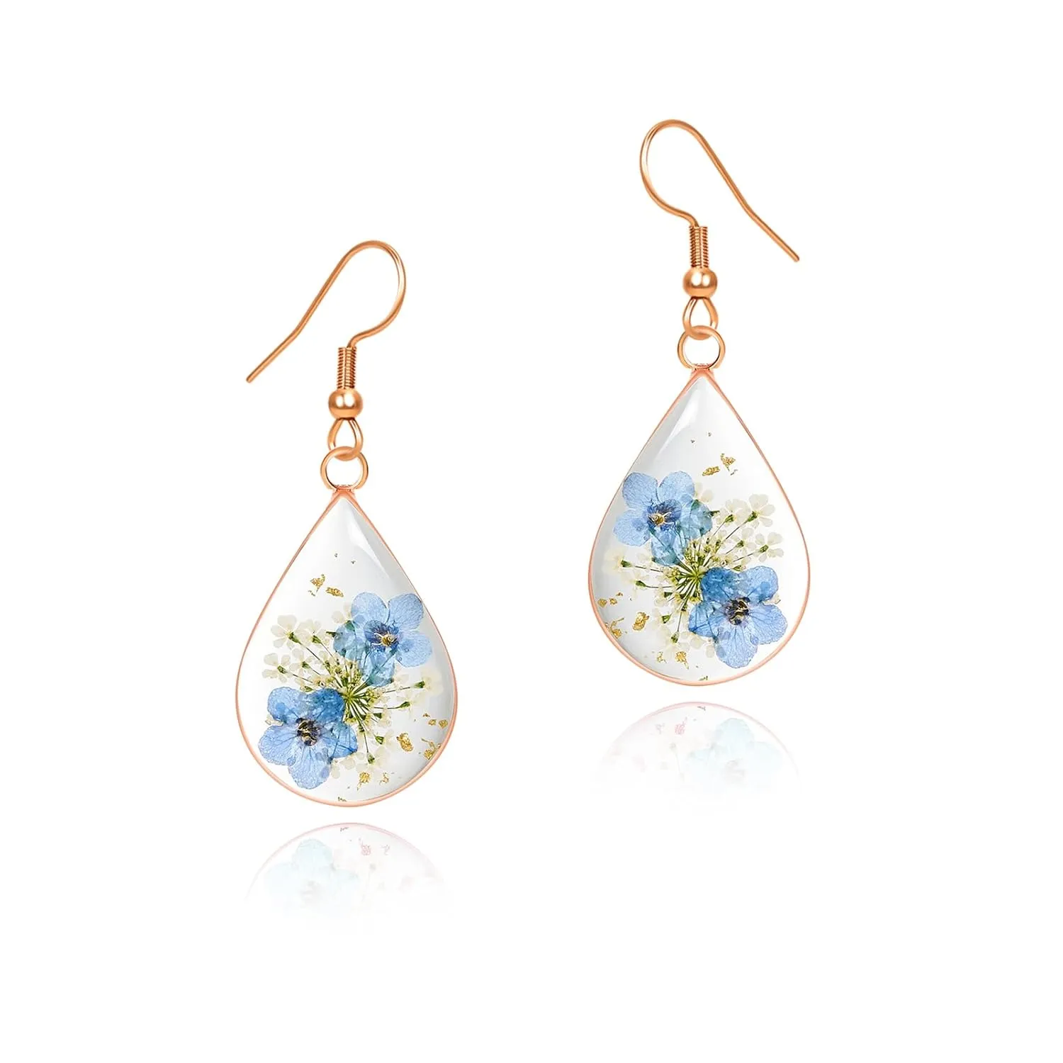 Pressed Flower Earrings,Handmade Forget-Me-Not and Queen Anne's Lace Wildflower Earrings,Unique Resin Dried Flower Earrings,Perfect for Parties or Gifting (Teardrop Rose Gold)