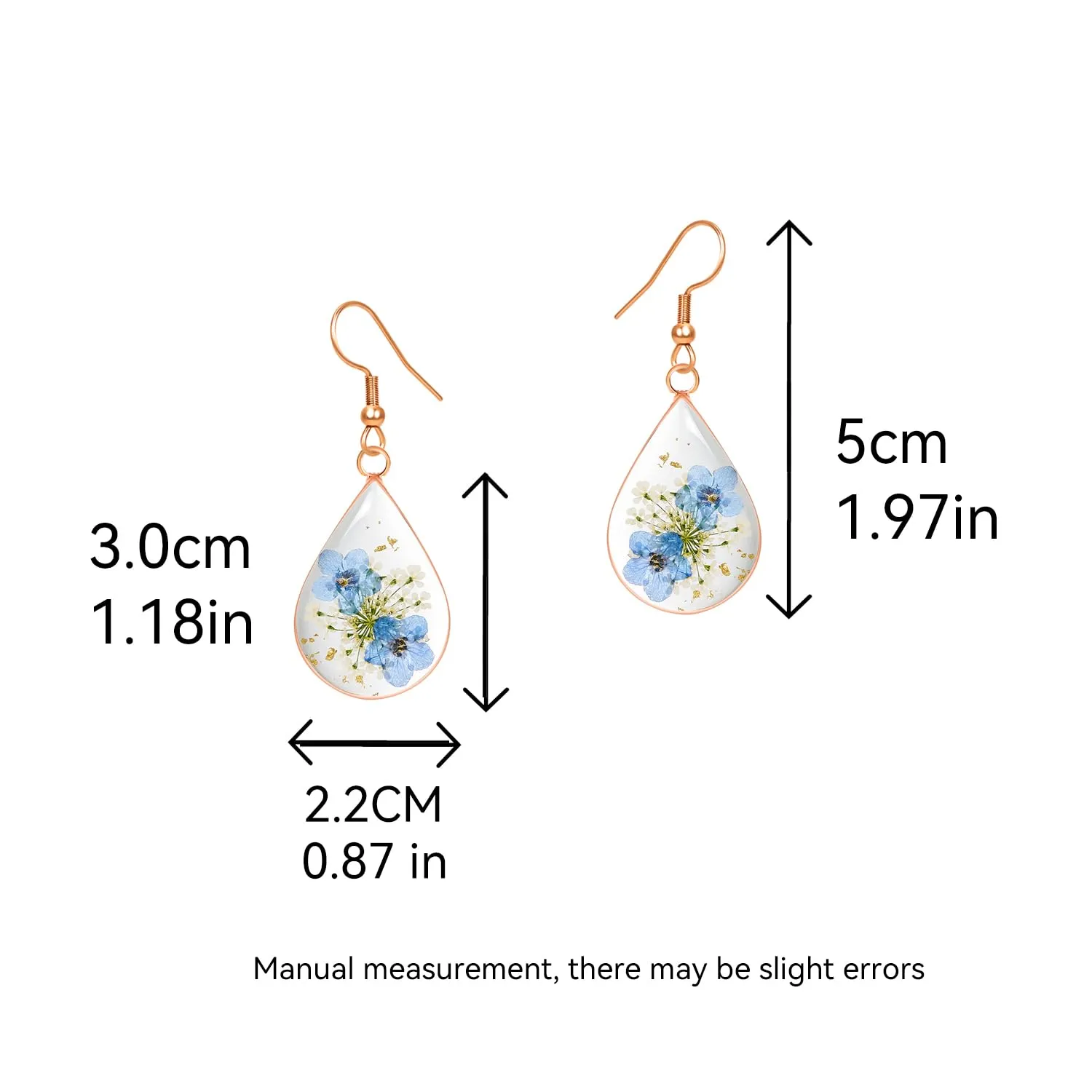 Pressed Flower Earrings,Handmade Forget-Me-Not and Queen Anne's Lace Wildflower Earrings,Unique Resin Dried Flower Earrings,Perfect for Parties or Gifting (Teardrop Rose Gold)