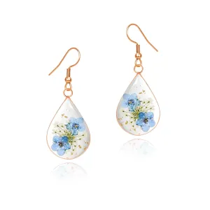 Pressed Flower Earrings,Handmade Forget-Me-Not and Queen Anne's Lace Wildflower Earrings,Unique Resin Dried Flower Earrings,Perfect for Parties or Gifting (Teardrop Rose Gold)