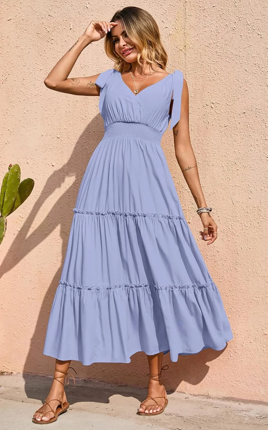 PRETTYGARDEN Women's Cross Neck Summer Sleeveless Tiered Maxi Dress Beach Tie Strap Smocked Long Dresses Pleated Sundress