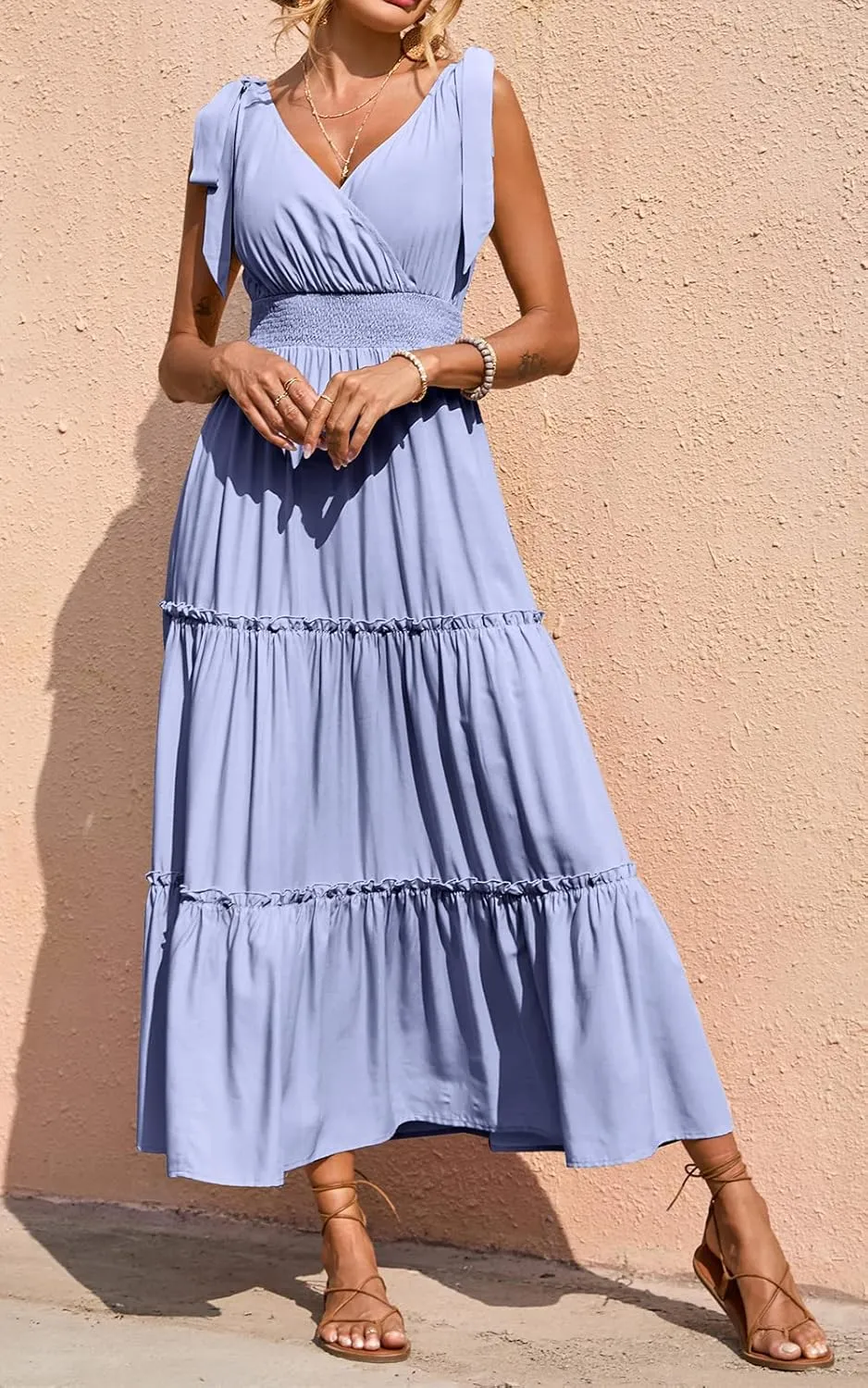 PRETTYGARDEN Women's Cross Neck Summer Sleeveless Tiered Maxi Dress Beach Tie Strap Smocked Long Dresses Pleated Sundress