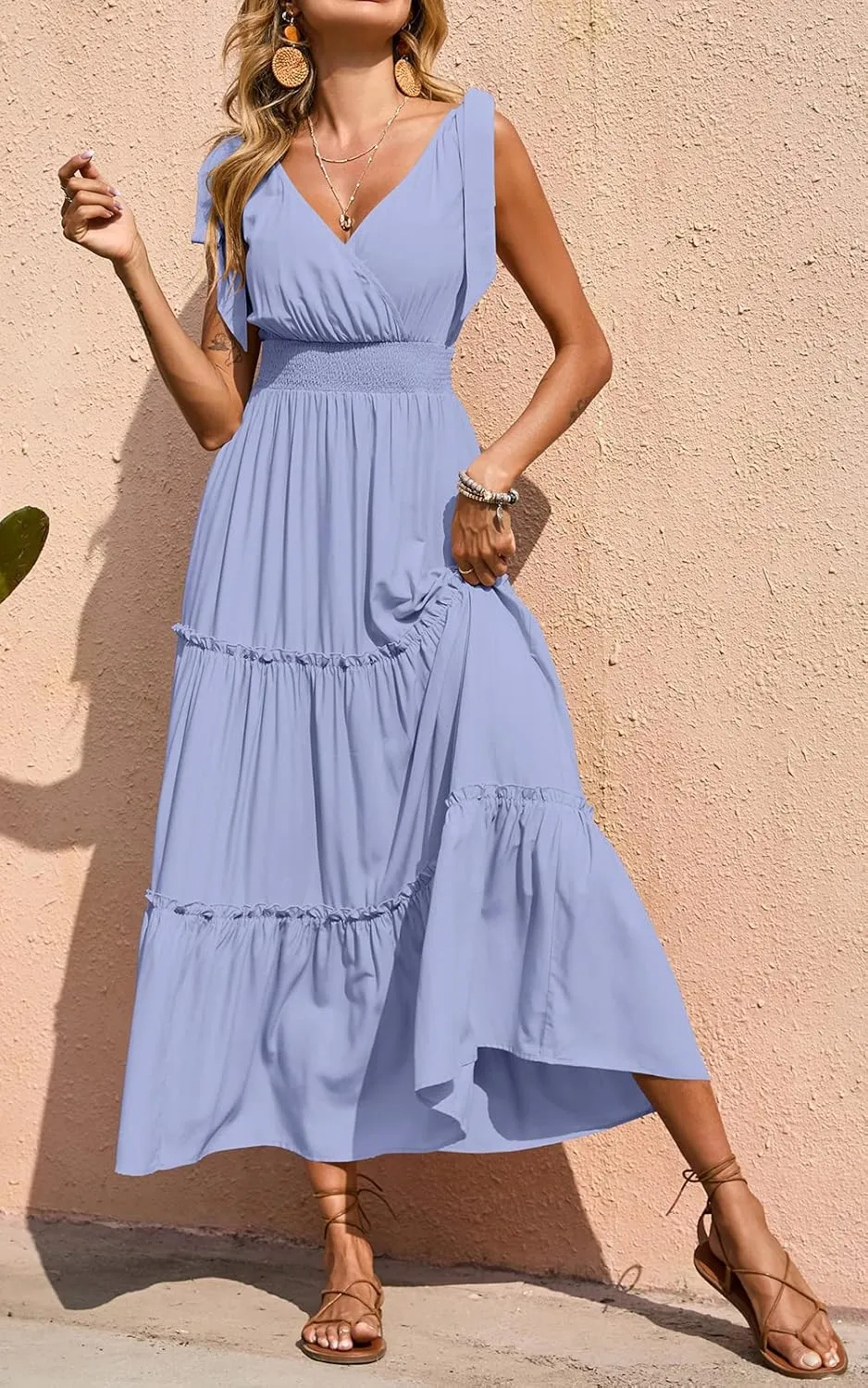 PRETTYGARDEN Women's Cross Neck Summer Sleeveless Tiered Maxi Dress Beach Tie Strap Smocked Long Dresses Pleated Sundress