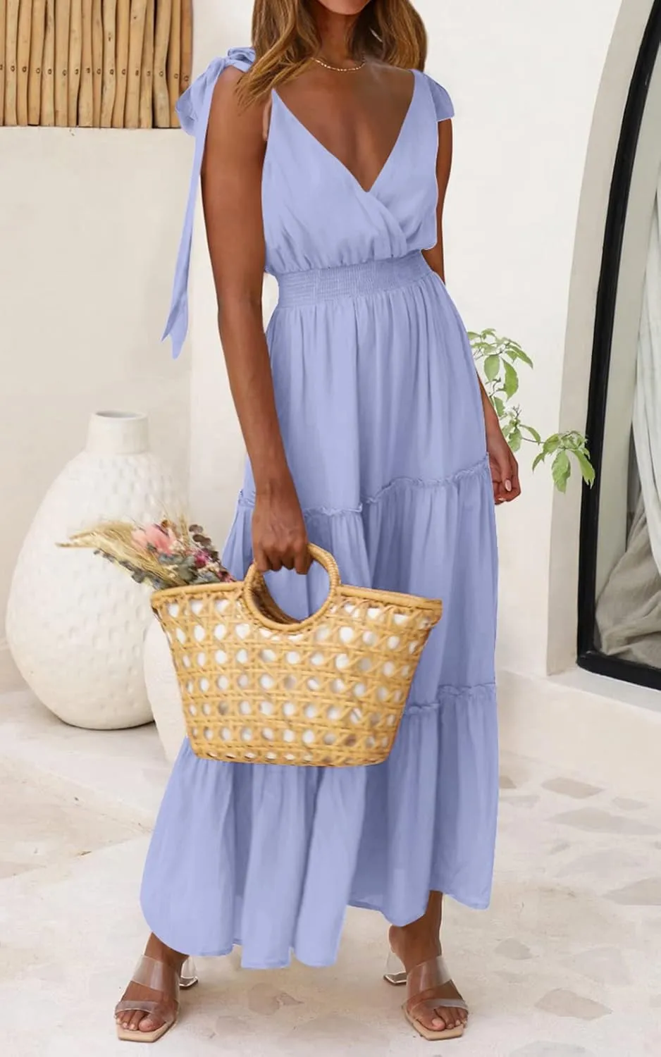 PRETTYGARDEN Women's Cross Neck Summer Sleeveless Tiered Maxi Dress Beach Tie Strap Smocked Long Dresses Pleated Sundress