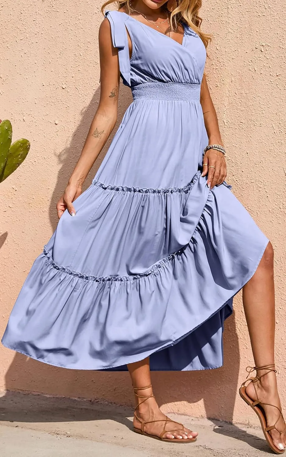 PRETTYGARDEN Women's Cross Neck Summer Sleeveless Tiered Maxi Dress Beach Tie Strap Smocked Long Dresses Pleated Sundress