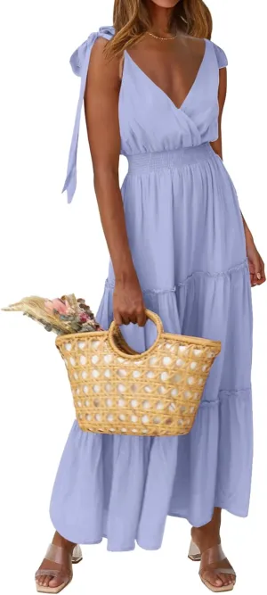 PRETTYGARDEN Women's Cross Neck Summer Sleeveless Tiered Maxi Dress Beach Tie Strap Smocked Long Dresses Pleated Sundress