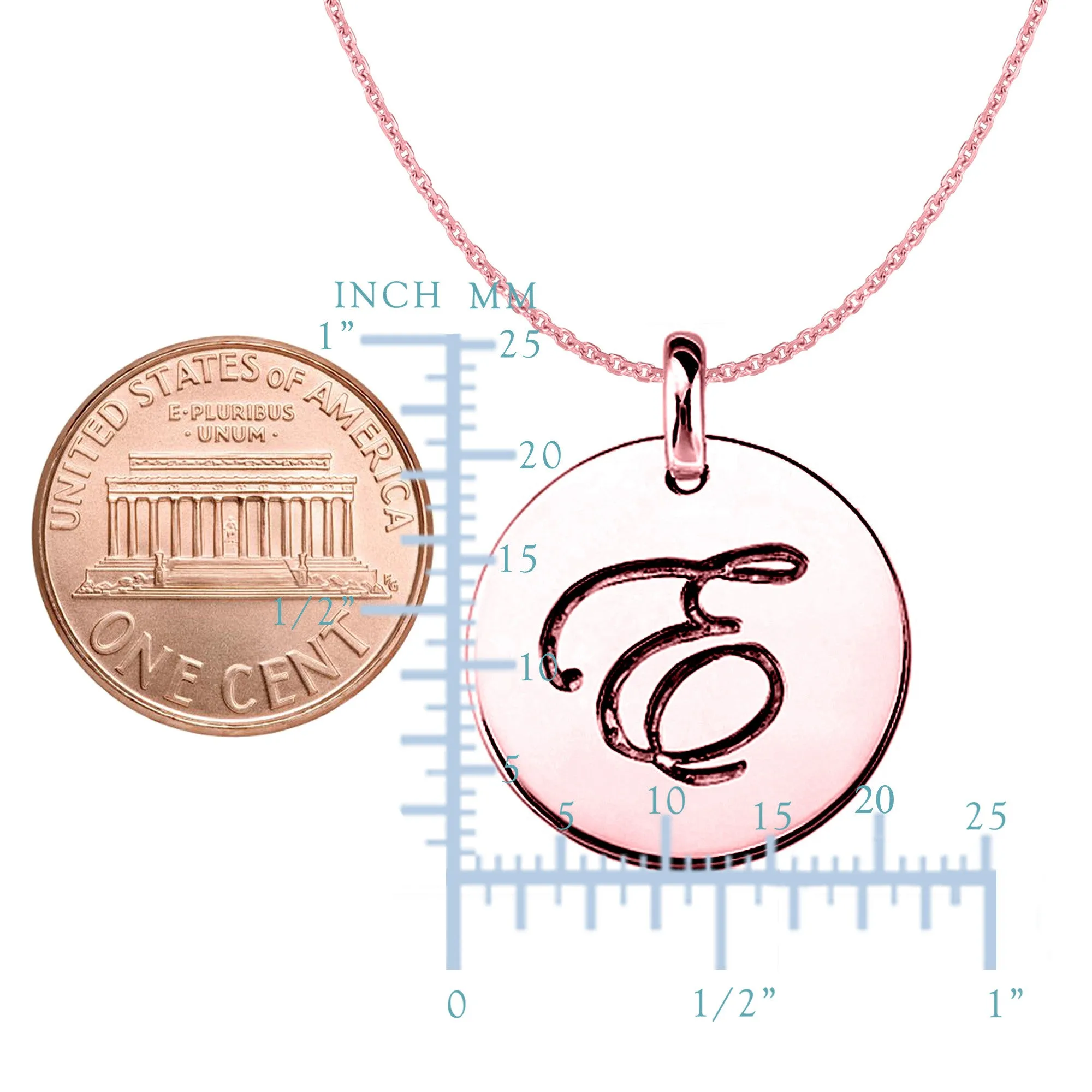 "E" 14K Rose Gold Script Engraved Initial Disk Pendant