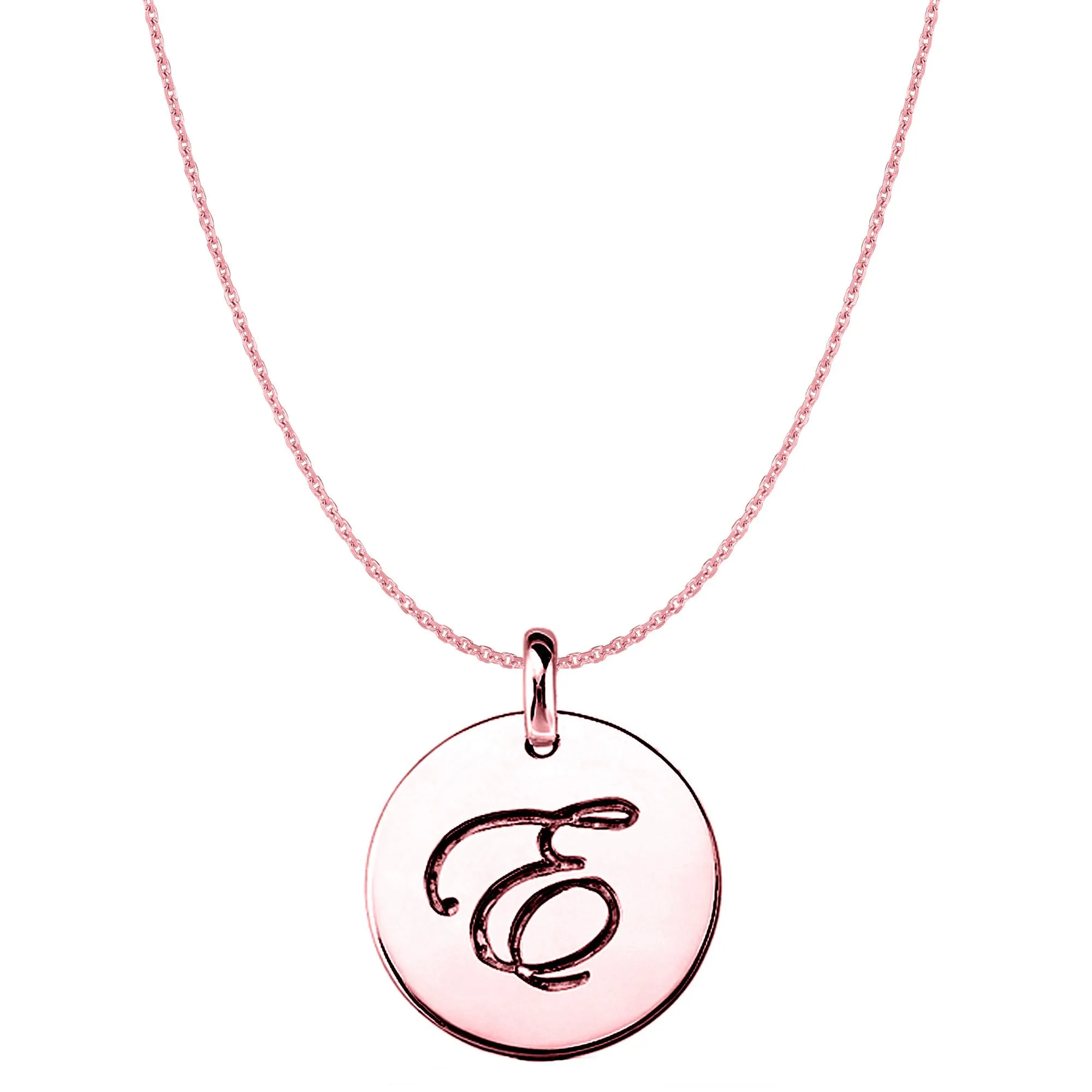 "E" 14K Rose Gold Script Engraved Initial Disk Pendant