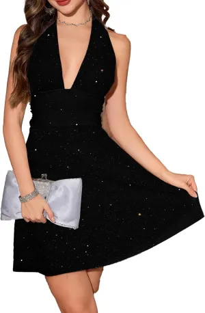 Sexy Deep V Neck Halter Glitter Bodycon Dress  Sparkling Sleeveless Cocktail Party Dress Backless Women's Evening Clubwear