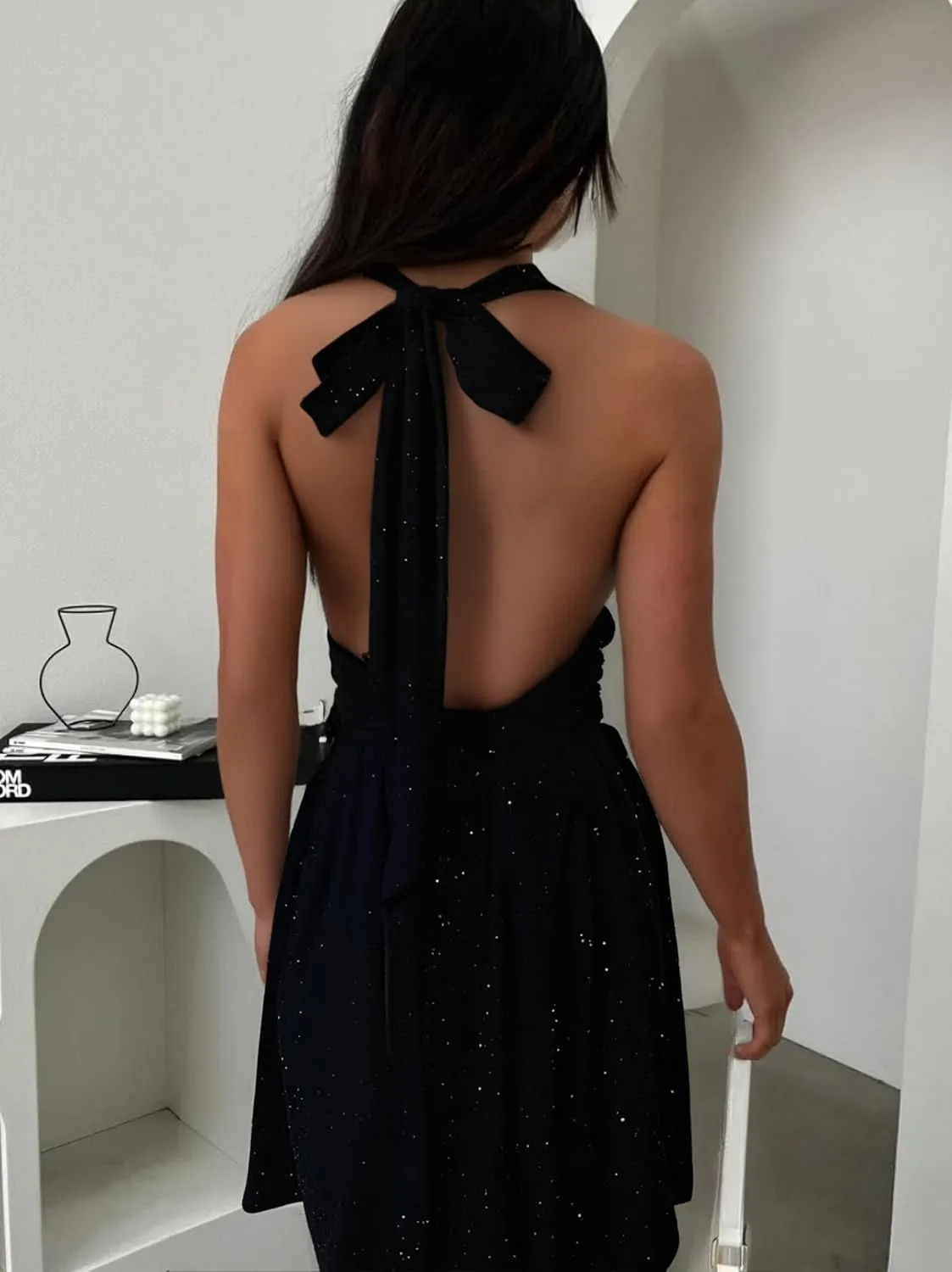 Sexy Deep V Neck Halter Glitter Bodycon Dress  Sparkling Sleeveless Cocktail Party Dress Backless Women's Evening Clubwear