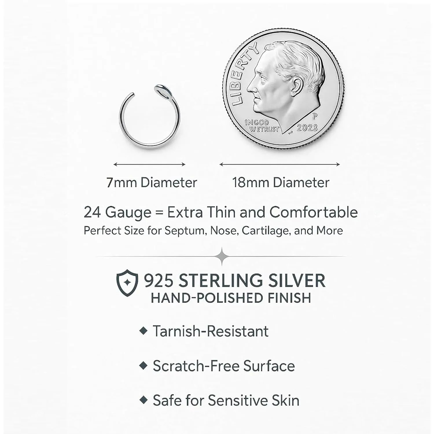 Silver Fake Nose Ring - Tiny Thin 24 Gauge Faux Nose Piercing For Women - 925 Sterling Silver Clip On Nose Hoops Jewelry - Comfortable Smooth Fake Nose Rings - No Piercing Needed - Gift Ready