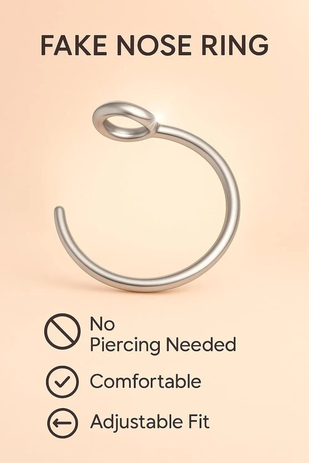 Silver Fake Nose Ring - Tiny Thin 24 Gauge Faux Nose Piercing For Women - 925 Sterling Silver Clip On Nose Hoops Jewelry - Comfortable Smooth Fake Nose Rings - No Piercing Needed - Gift Ready