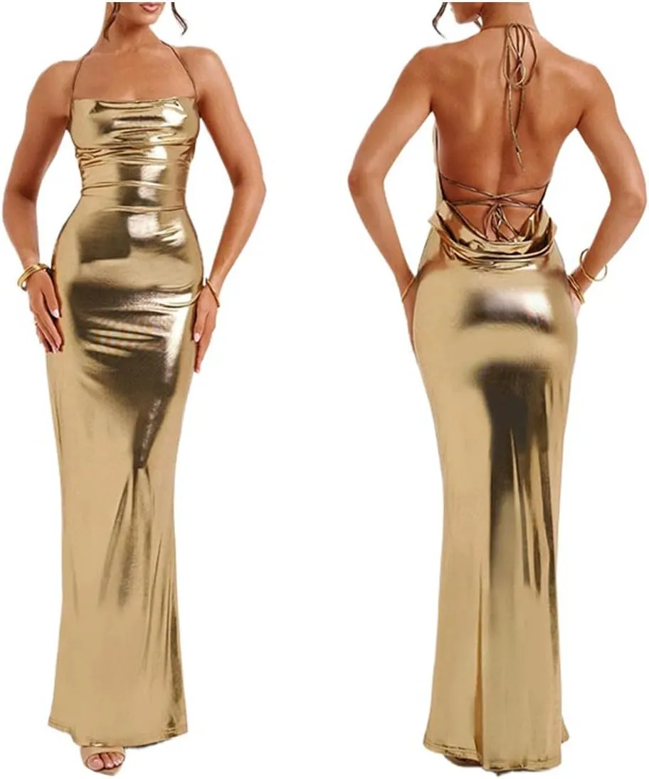 Sleeveless Backless Maxi Dress Women's Shiny Spaghetti Strap Bodycon Maxi Dresses Sexy Glitter Metallic Dress