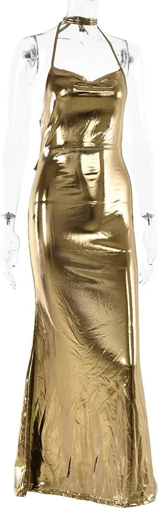 Sleeveless Backless Maxi Dress Women's Shiny Spaghetti Strap Bodycon Maxi Dresses Sexy Glitter Metallic Dress