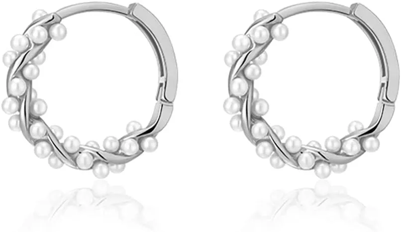 SLUYNZ 925 Sterling Silver Pearls Twist Hoop Earrings for Women Teen Girls Pearls Hoop Earrings Wedding Bridal Earrings