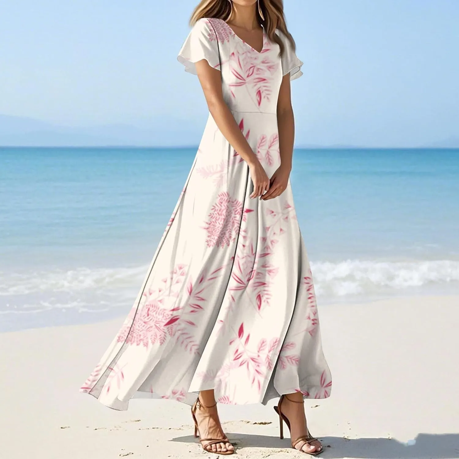 Summer Maxi Dresses for Women 2025 Floral V Neck Long Sundresses for Beach Vacation Casual Flowy Elegant Dress
