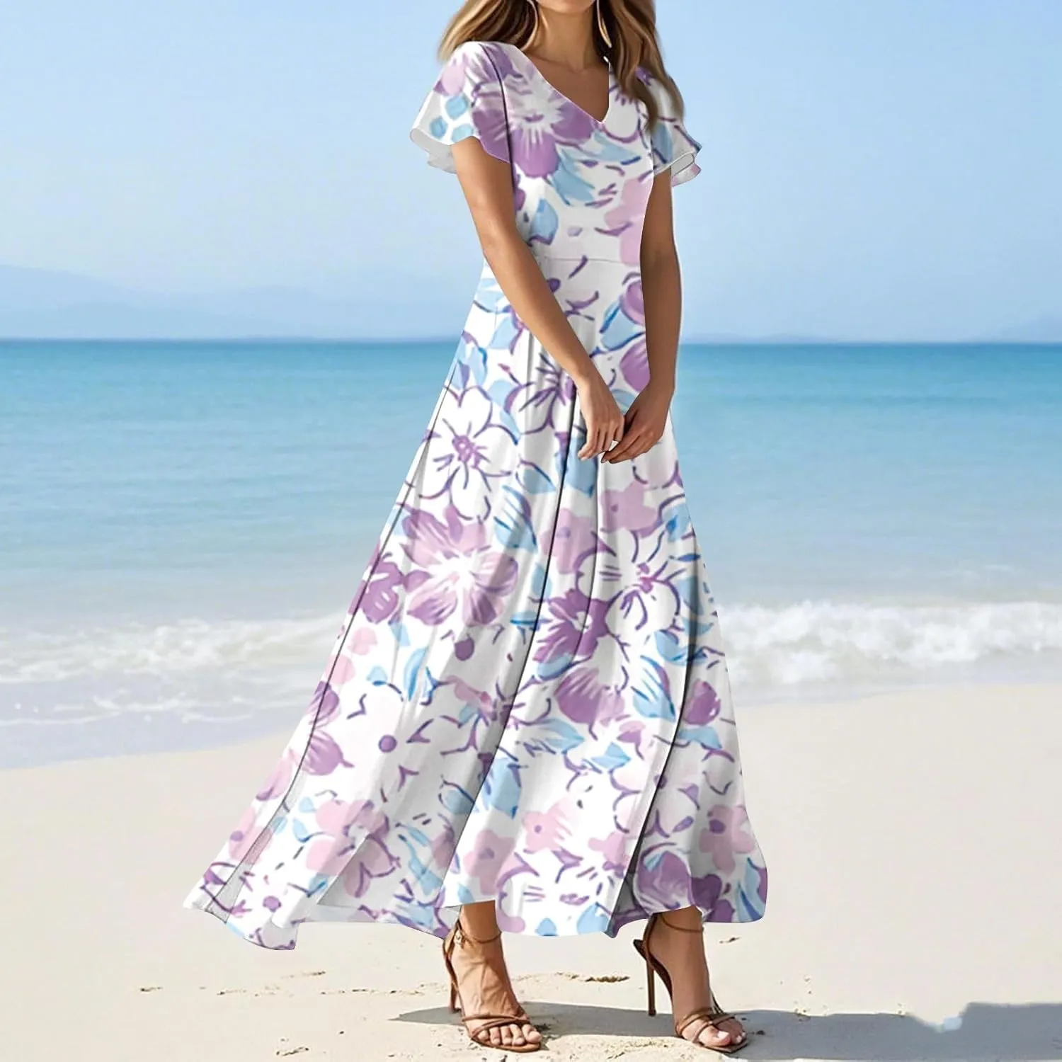 Summer Maxi Dresses for Women 2025 Floral V Neck Long Sundresses for Beach Vacation Casual Flowy Elegant Dress