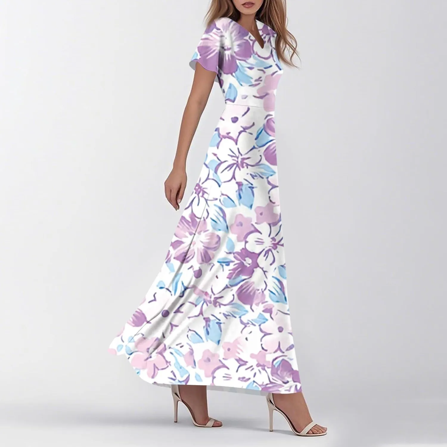 Summer Maxi Dresses for Women 2025 Floral V Neck Long Sundresses for Beach Vacation Casual Flowy Elegant Dress
