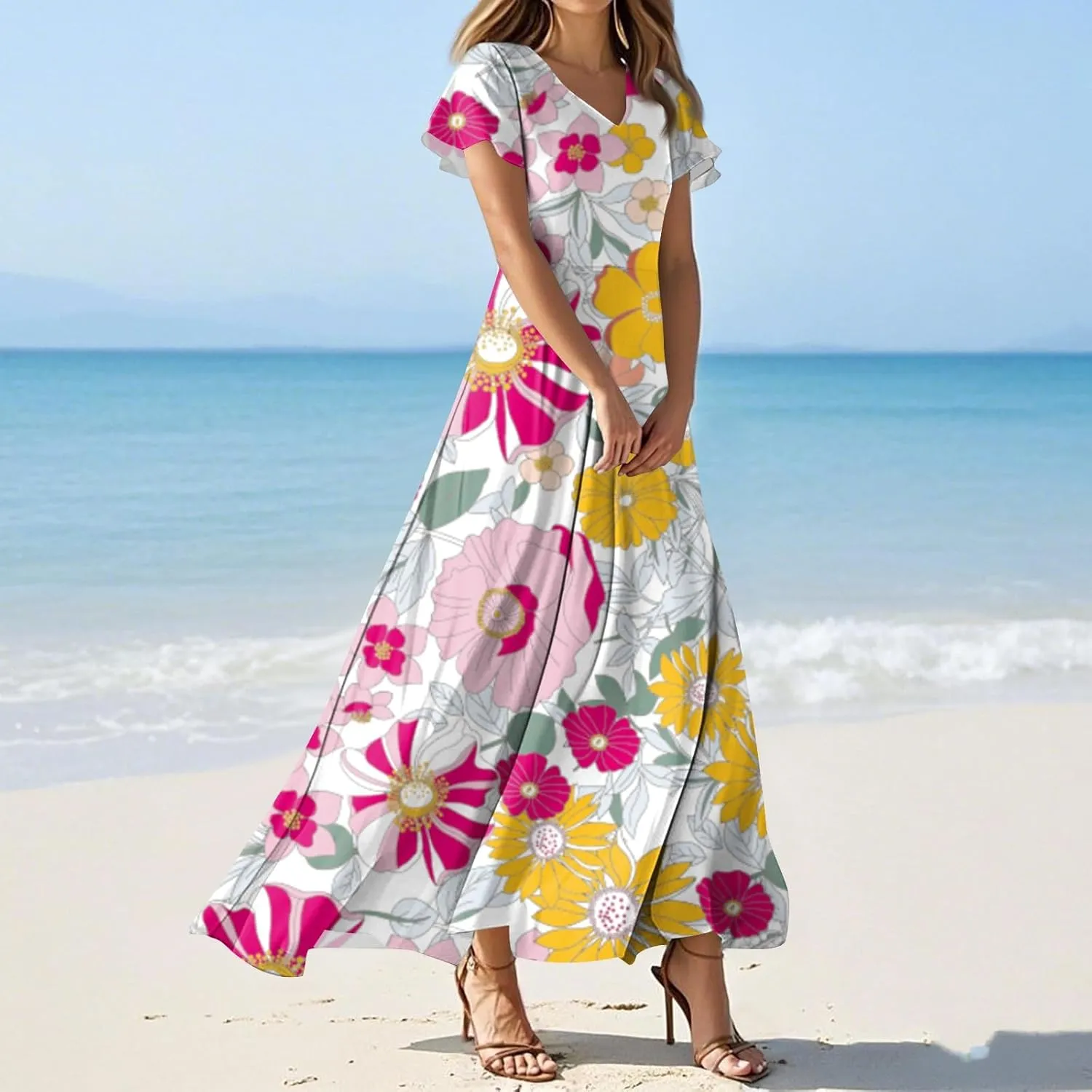 Summer Maxi Dresses for Women 2025 Floral V Neck Long Sundresses for Beach Vacation Casual Flowy Elegant Dress