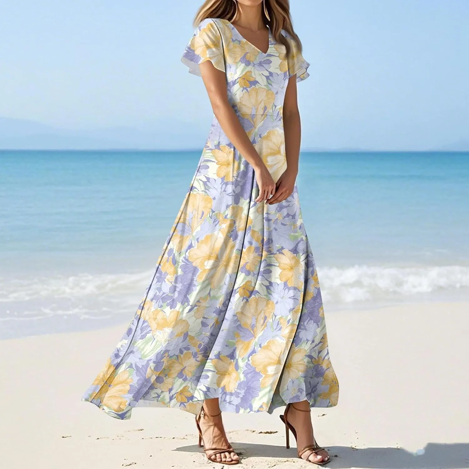 Summer Maxi Dresses for Women 2025 Floral V Neck Long Sundresses for Beach Vacation Casual Flowy Elegant Dress