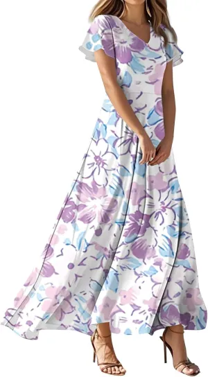 Summer Maxi Dresses for Women 2025 Floral V Neck Long Sundresses for Beach Vacation Casual Flowy Elegant Dress