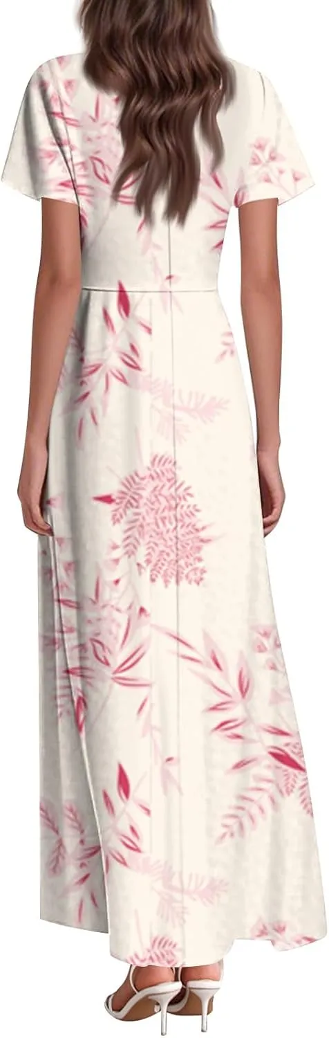 Summer Maxi Dresses for Women 2025 Floral V Neck Long Sundresses for Beach Vacation Casual Flowy Elegant Dress