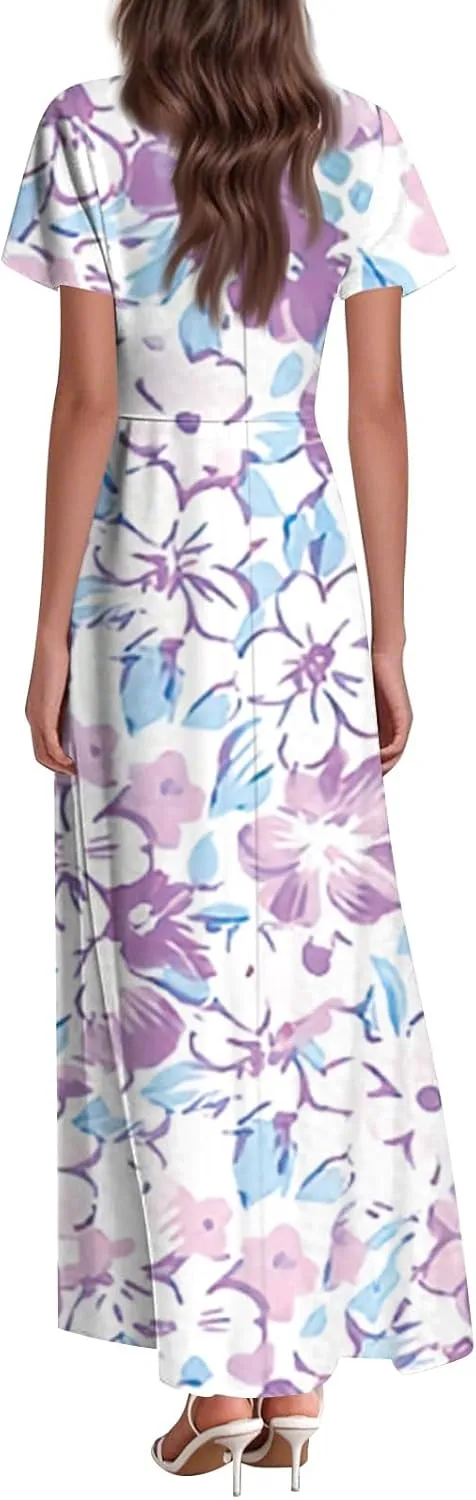 Summer Maxi Dresses for Women 2025 Floral V Neck Long Sundresses for Beach Vacation Casual Flowy Elegant Dress