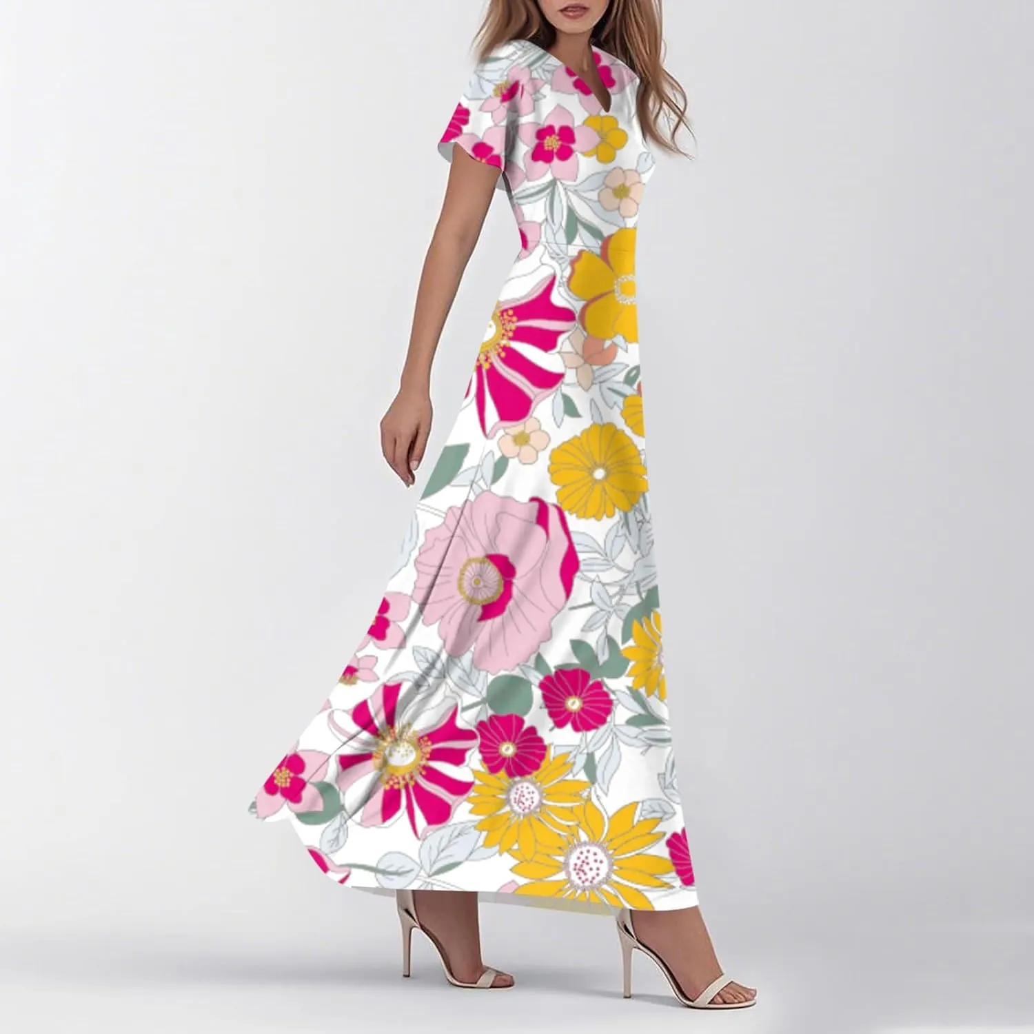 Summer Maxi Dresses for Women 2025 Floral V Neck Long Sundresses for Beach Vacation Casual Flowy Elegant Dress