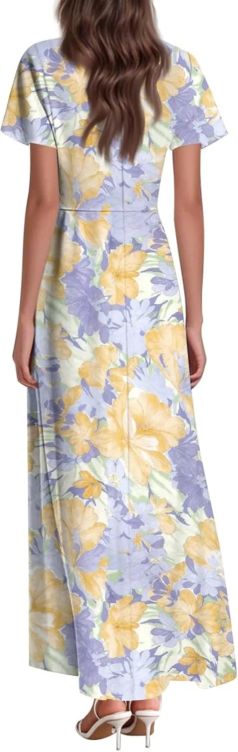Summer Maxi Dresses for Women 2025 Floral V Neck Long Sundresses for Beach Vacation Casual Flowy Elegant Dress