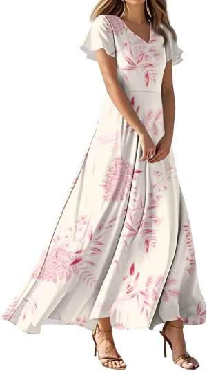 Summer Maxi Dresses for Women 2025 Floral V Neck Long Sundresses for Beach Vacation Casual Flowy Elegant Dress