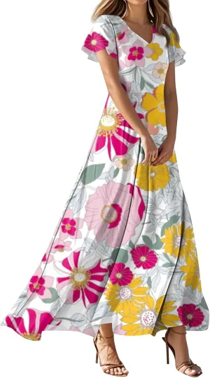 Summer Maxi Dresses for Women 2025 Floral V Neck Long Sundresses for Beach Vacation Casual Flowy Elegant Dress