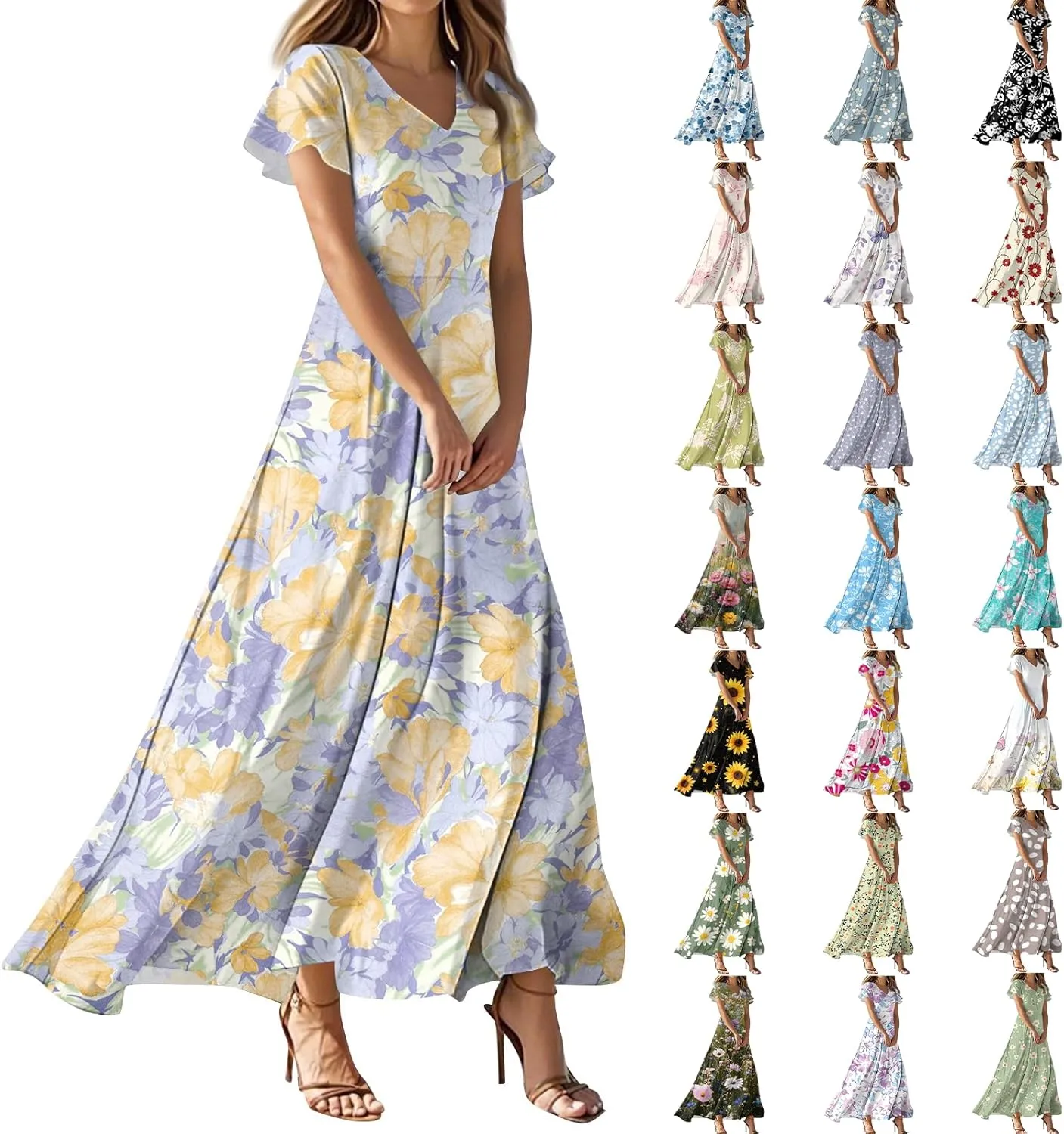 Summer Maxi Dresses for Women 2025 Floral V Neck Long Sundresses for Beach Vacation Casual Flowy Elegant Dress