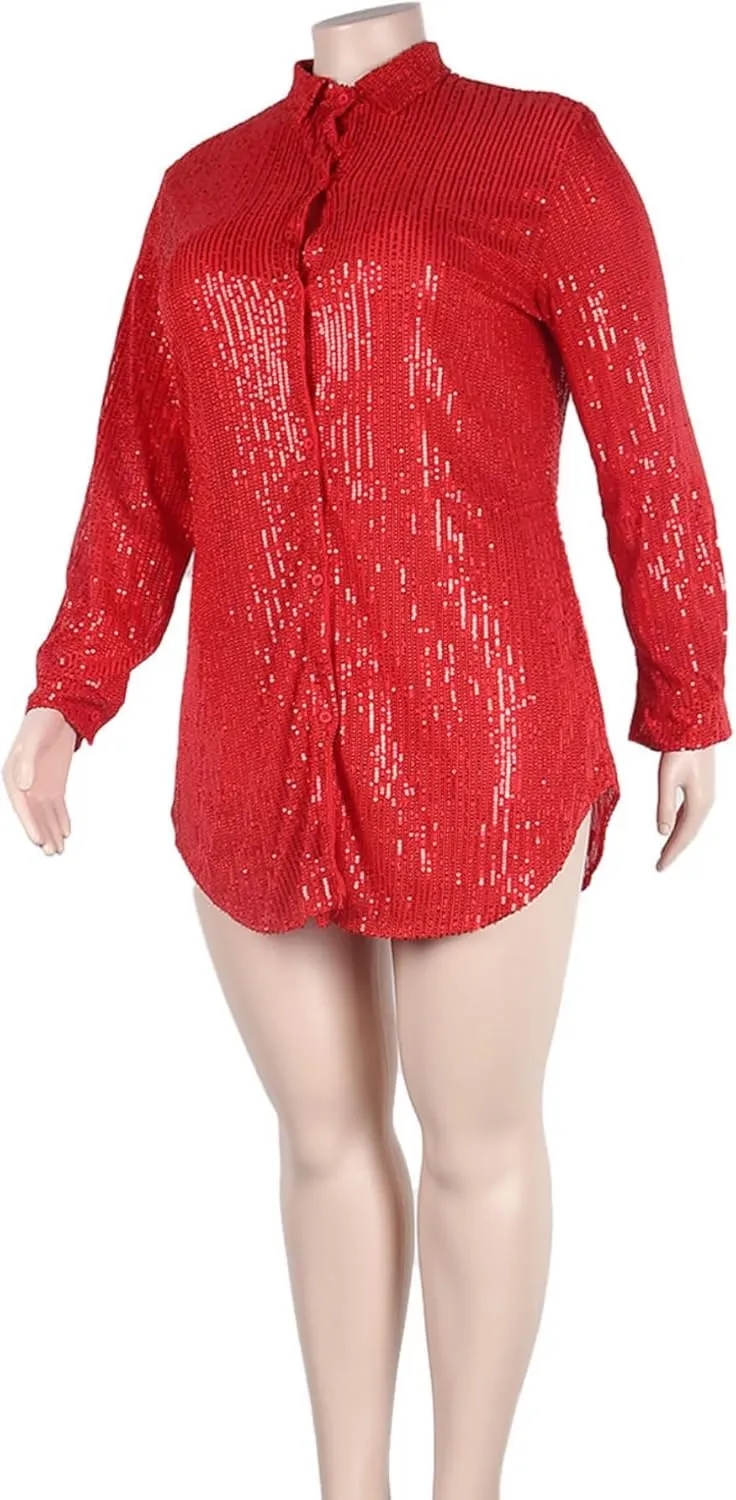 Vaceky Sequin Shirt Dress Women Collared Button Down Long Sleeve Flowy Tunic Dresses