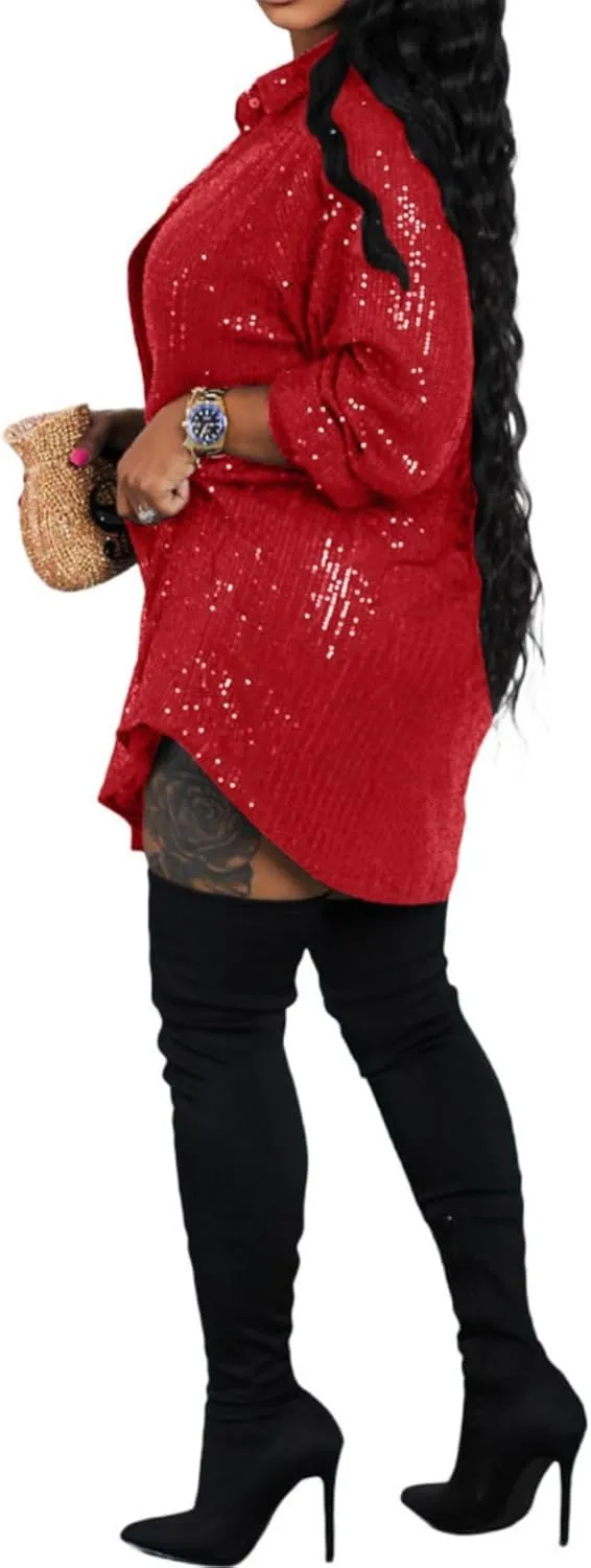 Vaceky Sequin Shirt Dress Women Collared Button Down Long Sleeve Flowy Tunic Dresses
