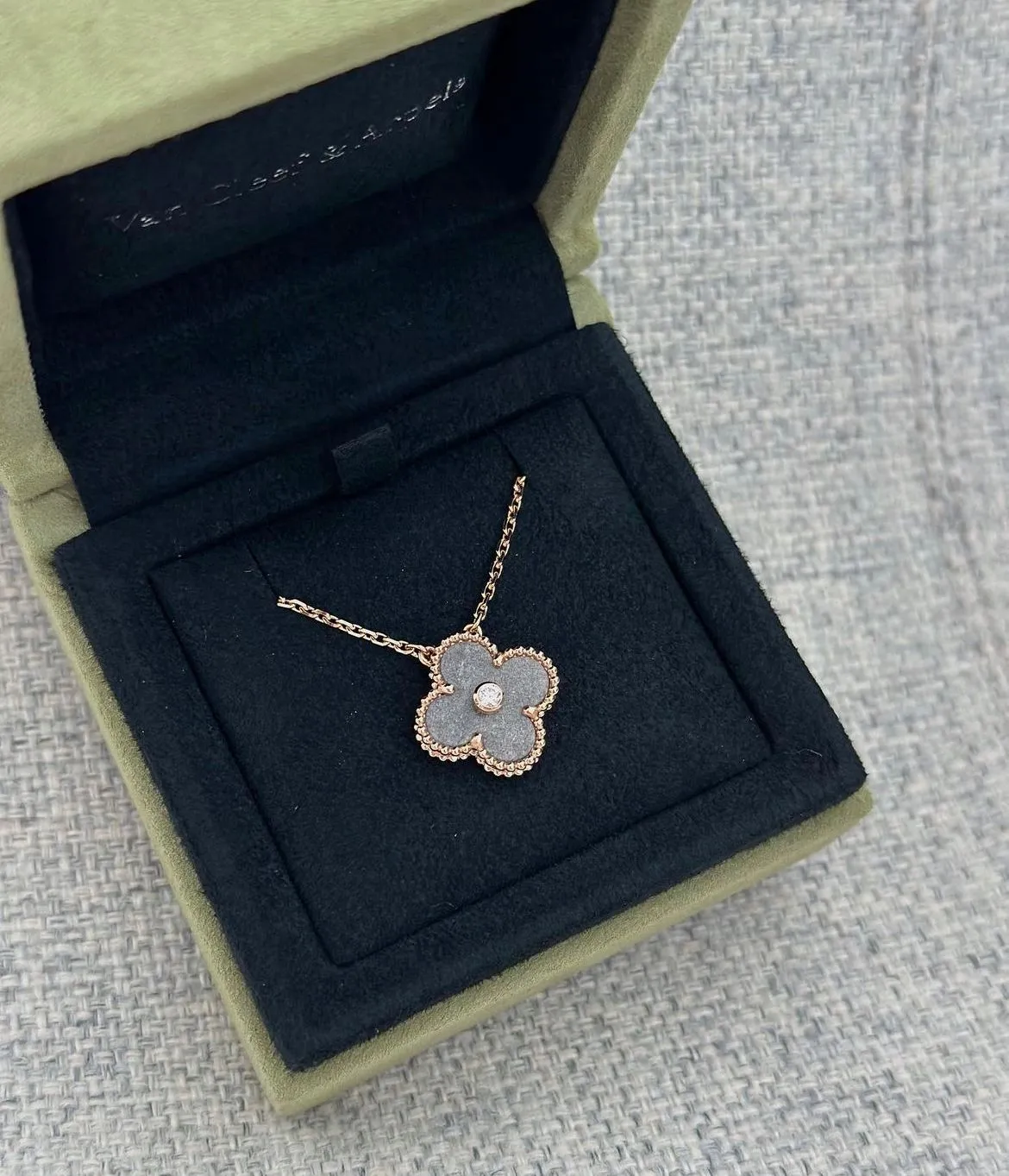 Van Cleef & Arpels Holiday 2023 Alhambra Silver Obsidian Rose Gold Pendant Necklace