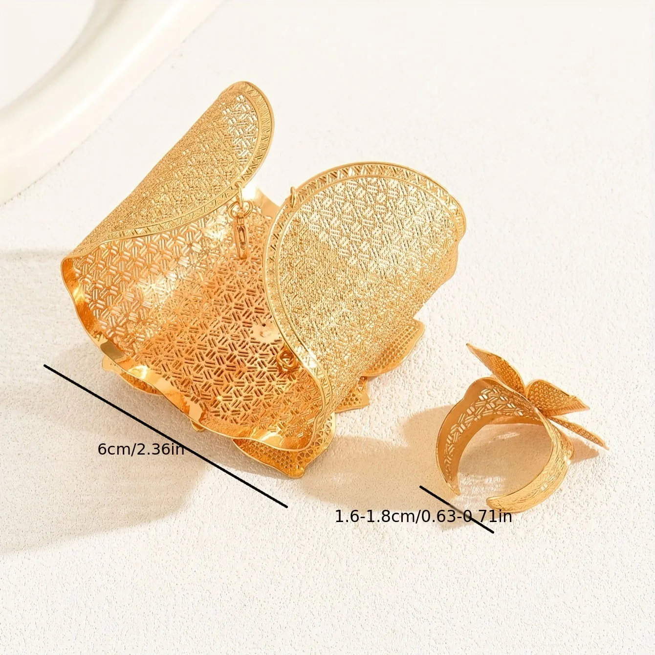 Vintage 24k Golden Gold-Plated Flower Bangle and Ring